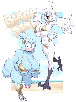 accessory anthro beach beak big_breasts big_hands bikini bikini_thong blue_body blue_feathers border breast_squish breasts choker cleavage cleavage_overflow clothed clothed_anthro clothed_female clothing cloud curvy_figure day detailed_background duo eyebrows eyelashes eyewear feather_hands feathers feet female female_anthro glasses glistening glistening_clothing gold_(metal) gold_bikini gold_choker gold_headband gold_jewelry gold_necklace hair hair_accessory hairclip headband hip_squish hourglass_figure huge_breasts jewelry mechanical_leg navel necklace non-mammal_breasts non-mammal_navel open_beak open_mouth outside_border pouting prosthetic prosthetic_leg prosthetic_limb round_glasses sand sea short_hair shortstack shortstack_female size_difference sky slightly_chubby slightly_chubby_anthro slightly_chubby_female slim slim_anthro slim_female small_waist spiral_glasses squish swimwear tail tail_feathers talons text thick_eyebrows thick_thighs tight_bikini tight_clothing toes tongue two-piece_swimsuit under_boob water wearing_glasses wet white_body white_border white_feathers wide_hips winged_arms wings doodledox golden_week agnes_(doodledox) verity_(doodledox) avian bird 2026 artist_name english_description english_text hi_res