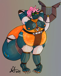 anthro belly big_belly circuit_markings claws double_chin green_eyes hair machine male markings moobs orange_body overweight overweight_male pink_hair presenting retro silicon solo thick_thighs visor_eyes wide_hips raccoonkind sylo_(malachivolta) aquatic dyno_(malachivolta) mammal pinniped robot seal hi_res