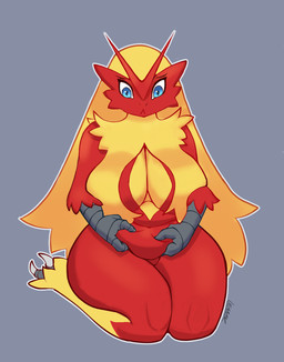 anthro belly_grab big_breasts biped blonde_hair blue_eyes breasts claws feathers female fingers frown grey_background grey_body hair huge_breasts long_hair nude nude_anthro nude_female outline pokemorph red_body red_feathers simple_background sitting slightly_chubby slightly_chubby_anthro slightly_chubby_female solo text thick_thighs toe_claws white_outline wide_hips yellow_body yellow_feathers vinael nintendo pokemon blaziken generation_3_pokemon pokemon_(species) artist_name colored full-length_portrait hi_res portrait