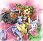 anthro breasts clothing cuddling domestic_cat duo eeveelution felid feline felis female female/female generation_4_pokemon hair heart_symbol leafeon mammal nintendo pokemon pokemon_(species) swimwear tail two-piece_swimsuit wings yuririi