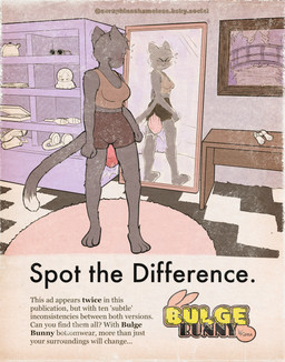 anthro clothed clothing feces female fictional_product inside looking_back magazine_page mirror mirror_reflection reflection soiling soiling_underwear solo spot_the_difference straining text seraphina_shameless felid feline mammal absurd_res english_text hi_res
