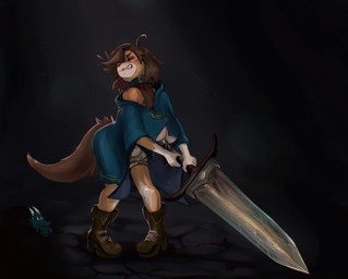 ahoge anthro areola areola_slip barely_contained barely_contained_breasts barely_visible_areola between_breasts big_breasts bloomers blush bodily_fluids boots bottomwear breasts brown_body brown_fur brown_hair clothed clothing collar female footwear fur hair heavy_object lifting melee_weapon moonlight_greatsword multicolored_body multicolored_fur sharp_teeth shoes simple_background solo stats straining sweat sweatdrop tail teeth topwear tuft weapon white_body white_fur newd dark_souls fromsoftware korry_(newd) canid canine mammal digital_media_(artwork) hi_res