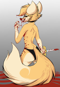 anthro blood bodily_fluids butt clothed clothing dagger female fur gore grey_background holding_object holding_weapon looking_back melee_weapon open_mouth open_smile panties panties_only sharp_teeth simple_background smile solo teeth tongue tongue_out topless underwear underwear_only weapon yellow_body yellow_fur juantriforce canid canine fox mammal 2020 absurd_res digital_media_(artwork) hi_res