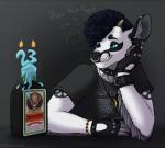 alcohol anthro beverage candle clothed clothing collar fingerless_gloves gloves handwear horn jewelry male necklace simple_background smile solo spiked_collar spikes spiggy-the-cat canid canine mammal