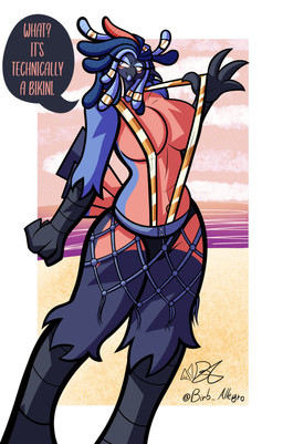 anthro big_breasts bikini blue_tongue breasts cleavage clothed clothing dialogue dreadlocks feathers female navel navel_piercing one-piece_swimsuit piercing side_boob slightly_chubby slightly_chubby_female sling_bikini solo speech_bubble swimwear tail tail_feathers teasing tongue tongue_out two-piece_swimsuit birb_allegro naomi_siwicki avian bird absurd_res hi_res