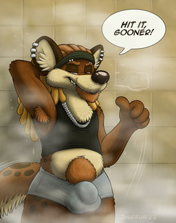 accessory anthro armpit_fetish armpit_hair black_clothing black_shirt black_topwear blonde_hair bloodshot_eyes bodily_fluids body_hair boxers_(clothing) breath brown_body brown_fur bulge chain_necklace clothing dialogue dreadlocks dripping ear_piercing eyebrow_piercing facial_hair facial_piercing fluffy fur gesture glistening glistening_nose goatee green_clothing green_headwear hair hairy half-closed_eyes hand_behind_head hand_gesture happy_trail headband headgear headwear jewelry lips looking_at_viewer male matted_fur multicolored_body multicolored_fur musk musky_armpit narrowed_eyes navel necklace orange_hair piercing pointing pointing_at_self pubes raised_arm red_eyes shirt shower_room slightly_chubby smile smug solo speech_bubble spots steam steaming sweat sweaty_armpit tail talking_to_another talking_to_viewer tan_body tan_fur tank_top teeth text tight_clothing tile toothy_grin topwear underwear whisker_spots whiskers sniffur diego_(sniffur) hyena mammal spotted_hyena 2023 english_text hi_res