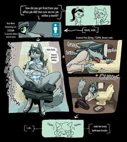 6_panel_comic anthro bathroom black_background bodily_fluids bottomwear bottomwear_down bra breast_play breasts caught clothed clothing dialogue duo female female_anthro fingering fingering_self footwear fur genital_fluids genitals green_eyes grey_body grey_fur licking licking_object licking_toilet masturbation nipples open_clothing open_shirt open_topwear panties pants pants_down partially_clothed peeing profanity public_restroom restroom_stall saliva saliva_string shirt shoes simple_background sitting solo_focus stray_pubes text toilet tongue tongue_out topwear underwear urine vaginal vaginal_fingering vaginal_masturbation vulva watersports hieronymusjohnson canid canine canis domestic_cat felid feline felis mammal wolf aliasing binary_drawing comic digital_drawing_(artwork) digital_media_(artwork) english_text hi_res