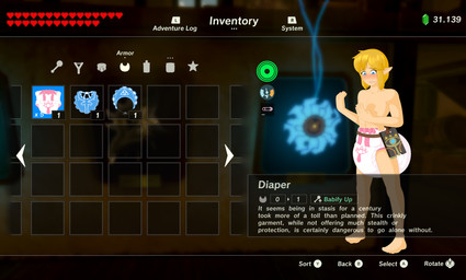 armor bib blonde_hair blue_eyes blush bottle clothed clothing confusion container controls diaper diaper_only gameplay_mechanics hair heart_symbol inventory looking_at_hand male not_furry pacifier pattern_diaper pointy_ears power-up ranged_weapon rattle rupee sheikah_slate shield slingshot solo stamina_bar star stats stats_screen tablet_computer text text_box topless unconvincing_armor upgrade weapon wearing_diaper mephy44 nintendo the_legend_of_zelda link hylian absurd_res english_text hi_res