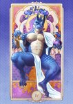 2020 abs anthro art_nouveau blue_body blue_scales card card_template chair claws crystal_ball dewclaw dragon fangs feet finger_claws flower fortune_telling furniture garret_beaux_(krawgles) hi_res horn khuraji major_arcana male muscular muscular_anthro muscular_male mythological_creature mythological_scalie mythology on_throne pecs plant quads roman_numeral scales scalie sharp_teeth sitting solo tarot tarot_card teeth the_emperor_(tarot) throne toe_claws white_eyes