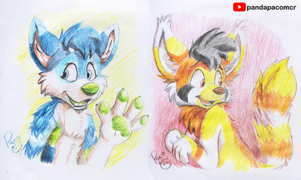 anthro black_hair blue_body blue_eyes blue_fur blue_hair facial_markings fangs fur gesture green_tongue hair head_markings male male_anthro markings open_mouth open_smile orange_body orange_eyes orange_fur short_hair simple_background smile solo striped_markings striped_tail stripes tail tail_markings teeth tongue waving waving_at_viewer white_body white_fur yellow_body yellow_fur young young_anthro young_male pandapaco ailurid canid canine mammal red_panda multiple_images traditional_media_(artwork)
