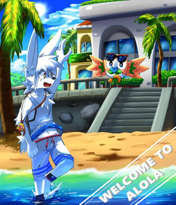 5_fingers anthro blue_sky bottomwear chest_tuft clothed clothing clothing_lift cloud detailed_background duo eyewear fingers gesture hand_gesture jewelry male navel necklace open_mouth palm_tree plant sand shirt shirt_lift shorts sky standing sun sunglasses text tongue topwear tree tuft water axy_usagi nintendo pokemon axy_(axy_usagi) generation_7_pokemon lagomorph leporid mammal pokemon_(species) rabbit rowlet