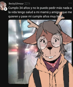 anthro blush brown_hair buckteeth eyewear female glasses hair horn scar smile teeth text pinacatte becky_gilmore deer mammal new_world_deer hi_res meme spanish_text translated