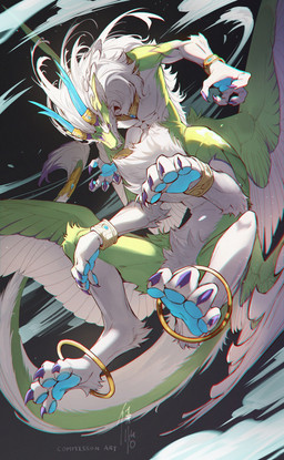 2_horns 4_fingers 4_toes 4_wings abs accessory antlers arm_markings athletic athletic_male black_background blue_horn blue_pawpads bracelet claws facial_markings feathers feet finger_claws fingers flesh_fang fur furgonomics gem gold_(metal) gold_jewelry green_body green_feathers green_fur hair head_horn head_markings horn horn_jewelry horn_ring jewelry jewelry_only male markings mouth_closed multi_wing multicolored_body multicolored_fur necklace nude overbite pawpads purple_body purple_claws purple_eyes purple_fur purple_markings ring_(jewelry) sapphire_(gem) simple_background solo tail tail_accessory tail_bracelet tail_jewelry text toe_claws toes two_tone_body two_tone_fur two_tone_wings white_body white_feathers white_fur white_hair white_sclera wings chiayeeee mythology dragon dragon_taur feathered_dragon feathered_scalie furred_dragon furred_scalie mythological_creature mythological_scalie scalie taur 2022 digital_drawing_(artwork) digital_media_(artwork) english_text full-length_portrait hi_res portrait signature