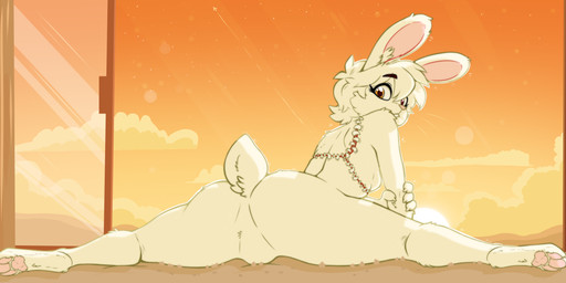 ambiguous_gender anthro butt feet fingers flexible fur groin_dips hair looking_at_viewer looking_back outside pawpads sky solo splits spread_legs spreading tail toes yoga fatigue_(artist) lagomorph leporid mammal rabbit digital_media_(artwork) hi_res nonbinary_(lore)