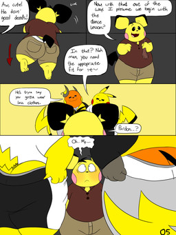 anthro big_butt black_bottomwear black_clothing black_ear_tips black_hair black_markings black_sclera black_shorts black_sleeves black_tail black_tail_tip black_underwear bleachers blush bottomwear bottomwear_down brown_bottomwear brown_clothing brown_ear_tips brown_pants butt butt_focus clothed clothing collared_shirt constricted_pupils dialogue dipstick_ears dipstick_tail directional_arrow ear_markings floating_eyebrows flustered grey_clothing grey_shirt grey_topwear group grunting gym hair male male/male markings motion_lines multicolored_ears open_mouth orange_body page_number pants pants_down partially_clothed pink_cheeks polo_shirt pupils rear_view red_cheeks school shirt shorts simple_background small_pupils smile smirk speech_bubble tail tail_markings taking_off_pants teasing text thick_thighs topwear trio underwear undressing white_clothing white_eyes white_shirt white_topwear white_underwear wide_hips yellow_body yellow_cheeks yellow_clothing yellow_ears yellow_tail yellow_tail_tip yellow_topwear chonkymouse nintendo pokemon pace_(blastoiseanimator) pedro_(blastoiseanimator) riley_(blastoiseanimator) generation_1_pokemon generation_2_pokemon pichu pikachu pokemon_(species) raichu 2023 3:4 absurd_res colored comic digital_media_(artwork) english_description english_text flat_colors hi_res