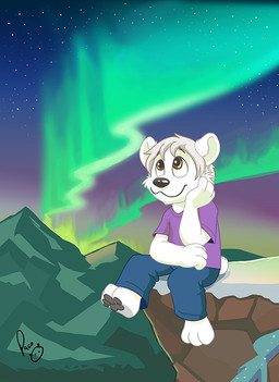 anthro aurora_(phenomenon) black_nose blue_bottomwear blue_clothing blue_pants bottomwear brown_eyes cheek_tuft closed_smile clothed clothing facial_tuft fur glistening glistening_eyes grey_pawpads hair logo looking_up male male_anthro mouth_closed night pants pawpads purple_clothing purple_shirt purple_t-shirt purple_topwear shirt short_hair sitting smile solo star t-shirt topwear tuft white_body white_fur white_hair young young_anthro young_male pandapaco bear mammal polar_bear ursine artist_logo signature