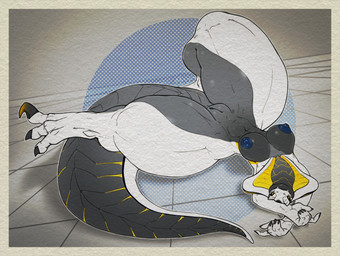 abs anthro aureola big_breasts big_feet black_sclera breasts claws crossed_arms feet female genitals grey_body huge_legs huge_thighs looking_at_viewer lying muscular muscular_anthro muscular_female navel nipples non-mammal_breasts non-mammal_navel non-mammal_nipples nude on_back solo tail thick_tail thick_thighs vulva white_body wide_hips diagamon reptile scalie snake