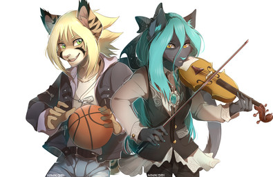 anthro ball basketball_(ball) bow_(stringed_instrument) bowed_string_instrument duo fangs female holding_ball holding_musical_instrument holding_object jewelry looking_at_viewer male musical_instrument necklace open_mouth playing_music playing_violin simple_background smile string_instrument teeth tongue violin white_background hihikori felid mammal