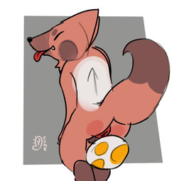 anthro anus balls brown_balls brown_eyebrows butt cute_fangs egg eyebrows fangs genitals greyscale_background kneeling low_framerate male multicolored_egg nude oviposition raised_tail red_anus simple_background solo spotted_egg straining tail teeth tongue tongue_out white_back furinmyeyes canid canine fox mammal 2025 2d_animation animated colored digital_media_(artwork) frame_by_frame hi_res no_sound short_playtime video