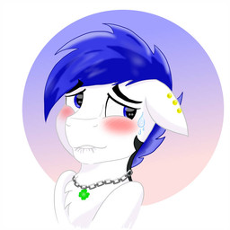 black_eyebrows blue_eyes blue_hair blush clover_(plant) ear_piercing eyebrows fur hair jewelry necklace piercing plant short_hair solo white_body white_ears white_fur unknown_artist hasbro my_little_pony fan_character earth_pony equid equine horse mammal pony 1:1 source_request