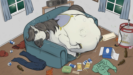 abdominal_bulge beer_keg belly big_belly black_hair drunk feral feral_pred fur furniture hair huge_belly prey_outline same_size_vore sofa struggling struggling_prey substance_intoxication tongue tongue_out vore white_body white_fur vampy-san blithe equid equine horse mammal 16:9 hi_res widescreen