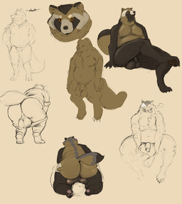 ambiguous_gender anthro ball_fondling balls bent_over big_balls big_butt biped black_balls black_body black_fur black_penis bottomwear bottomwear_down butt clothed clothing duo eyes_closed facesitting flaccid fondling fur genitals hand_on_butt human_on_anthro humanoid_genitalia humanoid_penis interspecies male male/ambiguous nude orange_eyes pants pants_down partially_clothed penis sitting_on_another tan_body tan_fur doctordj sato_(doctordj) canid canine human mammal raccoon_dog tanuki 2023 digital_media_(artwork) hi_res sketch_page