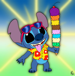 3_toes 4_fingers aloha_shirt big_head black_eyes blue_body blue_claws blue_fur blue_nose bottomless cherry chest_tuft claws clothed clothing dessert eyewear eyewear_on_head feet fingers food fruit fur gradient_background happy ice_cream ice_cream_cone notched_ear open_mouth open_smile pattern_clothing pattern_shirt pattern_topwear plant shirt simple_background smile solo standing sunglasses sunglasses_on_head toes tongue tongue_out topwear tuft wearing_sunglasses maizie0201 disney lilo_and_stitch stitch_(lilo_and_stitch) alien experiment_(lilo_and_stitch) 2022 aliasing digital_media_(artwork) flat_colors hi_res signature