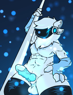 abs animal_genitalia anthro arm_warmers armwear balls blue_penis body_fur clothing erection foreskin fur genitals humanoid_genitalia humanoid_penis hybrid_genitalia hybrid_penis knot knotted_humanoid_penis knotted_penis legwear machine male mostly_nude_male muscular muscular_male pecs penis public public_erection sheath sheathed_humanoid_penis smile solo strip_club thigh_highs vein veiny_penis white_body white_fur anonymous_artist protogen hi_res source_request unavailable_at_source