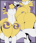 ambiguous_gender anthro armwear armwear_only big_butt black_nose black_sclera blue_eyes bridal_gauntlets bridal_gauntlets_only butt butt_jiggle claws clothing feet front_view fur jiggling leg_markings markings mostly_nude mostly_nude_anthro purple_armwear purple_clothing purple_markings rear_view simple_background solo tail text thick_thighs thigh_markings white_body white_feet white_fur yellow_body yellow_fur entropy_(artist) bandai_namco digimon canid digimon_(species) mammal renamon 2025 artist_name digital_drawing_(artwork) digital_media_(artwork) hi_res