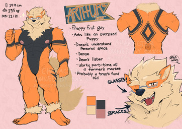 abs ankle_tuft anthro areola barefoot biceps bodily_fluids braces eyewear fangs feet glasses leg_tuft male markings muscular muscular_anthro muscular_male nervous nervous_sweat nipple_dip nipples obliques one_eye_closed pecs presenting_mouth quads sharp_teeth smile solo stocky sweat teeth text trapezius tuft v-cut wearing_glasses exsys nintendo pokemon arthur_"artie"_(exsys) arcanine generation_1_pokemon pokemon_(species) english_text hi_res model_sheet