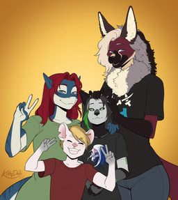 anthro biped bottomwear claws clothed clothed_anthro clothed_male clothing fingers front_view fully_clothed fully_clothed_anthro fully_clothed_male fur group hair looking_at_viewer male simple_background smile standing stripes tail teeth topwear kittydee may_(lamenrussy) aquatic canid canine fish mammal mouse murid murine rodent shark 2026 digital_drawing_(artwork) digital_media_(artwork) hi_res