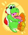 clothing duo footwear open_mouth shoes smile tongue zummeng mario_bros nintendo poochy green_yoshi yoshi 2019 digital_media_(artwork) hi_res