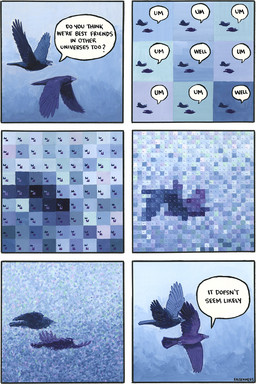 6_panel_comic ambiguous_gender beak black_body black_feathers dialogue duo feathered_wings feathers feral flying open_beak open_mouth outside parallel_universe question sky speech_bubble tail tail_feathers talking_feral talking_to_another text wings falseknees avian bird 2:3 artist_name comic english_text hi_res