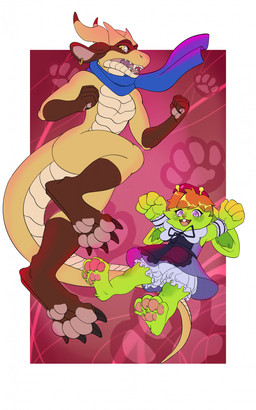 anthro claws clothed clothing dress duo feet female female/female frilly frilly_clothing fur green_body hair hat headgear headwear maid_uniform mascot open_mouth pawpads paws purple_eyes smile teeth toes uniform upskirt yellow_body mordorinka furaffinity rednef genie mammal reptile scalie absurd_res hi_res