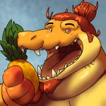 anthro food fruit male open_mouth orange_body overweight pineapple plant solo yellow_body birdcatdeer mango_(birdcatdeer) alligatorid crocodilian reptile scalie 1:1 absurd_res hi_res