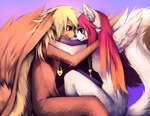 anthro back_wings blonde_hair breasts brown_body brown_fur duo eye_contact feathered_wings feathers featureless_breasts female floppy_ears fur hair hand_on_another's_shoulder hand_on_shoulder highlights_(coloring) inner_ear_fluff jewelry key key_necklace lock long_ears long_hair looking_at_another lop_ears male male/female markings necklace nude orange_highlights pink_hair pink_markings romantic sitting small_breasts small_wings snout touching_noses tuft white_body white_feathers white_fur wings falvie domestic_cat felid feline felis mammal species_request 2011 digital_media_(artwork) digital_painting_(artwork) painting_(artwork)