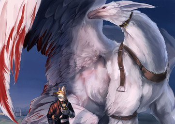 anthro clothed clothing detailed_background duo feathered_wings feathers feral fluffy fur male mount outside red_body red_eyes red_feathers size_difference sky standing white_body white_feathers wings osaki_eru mythology canid canine dragon feathered_dragon feathered_scalie fox furred_dragon furred_scalie mammal mythological_creature mythological_scalie scalie 2012 digital_media_(artwork)