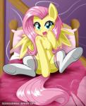 bed blue_eyes blush clothing feathered_wings feathers female feral footwear furniture hair hooves legwear long_hair looking_at_viewer open_mouth pink_hair sitting socks solo spread_legs spreading wings yellow_body yellow_feathers danmakuman friendship_is_magic hasbro my_little_pony mythology fluttershy_(mlp) equid equine mammal mythological_creature mythological_equine pegasus 2016 absurd_res hi_res