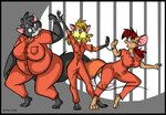 anthro belly big_breasts black_border blonde_hair blue_eyes border breasts buckteeth clothing cuff_(restraint) female fur green_eyes group hair handcuffs markings metal_cuffs mole_(marking) multicolored_body multicolored_fur open_mouth overweight overweight_anthro overweight_female prison_uniform red_hair restraints shirt teeth thick_thighs topwear trio two_tone_body two_tone_fur dutch_(artist) misty_the_mouse maggie_noirveaux_(dutch) misty_(dutch) whitney_(dutch) canid canine domestic_cat felid feline felis fox mammal mouse murid murine rodent 2016 digital_media_(artwork)