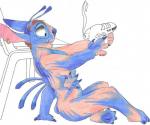 4_arms 4_fingers 4_toes 5_fingers antennae_(anatomy) arm_growth back_spines blue_body blue_claws blue_nose brown_hair chair claws dipstick_antennae ear_piercing feet fingers furniture growth gun hair hand_growth holding_gun holding_object holding_ranged_weapon holding_weapon human_to_anthro limb_growth male multi_arm multi_limb multicolored_antennae naturally_censored notched_ear nude open_mouth piercing ranged_weapon side_view simple_background solo species_transformation text tf_into_fictional_character toe_claws toes transformation weapon white_background foxx disney lilo_and_stitch stitch_(lilo_and_stitch) alien experiment_(lilo_and_stitch) human mammal compression_artifacts english_text traditional_media_(artwork)