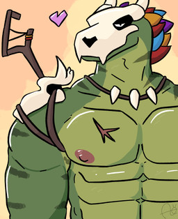anthro bone bone_mask feathers glistening glistening_body heart_symbol horn jewelry male mask muscular muscular_anthro muscular_male necklace nipples scar simple_background skull skull_mask solo staff teeth aimskull terraria witch_doctor_(terraria) lihzahrd reptile scalie absurd_res digital_drawing_(artwork) digital_media_(artwork) half-length_portrait hi_res portrait signature