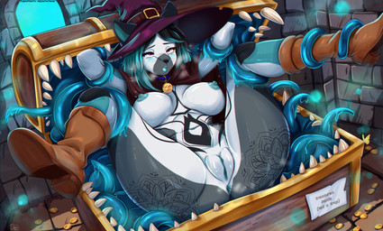 ahegao anthro bdsm blush bodily_fluids boots clothing dungeon eye_roll female footwear forced genitals glowing glowing_genitalia gold_(metal) hat headgear headwear looking_pleasured lying nude rape saliva sex sex_dungeon shoes solo squeezing tentacle_rape tentacle_sex tentacles trapped witch_hat meowtat fan_character ych_(character) mimic mimic_chest hi_res