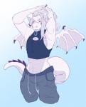 accessory anthro arms_above_head clothed clothing fully_clothed hair hair_accessory hair_tie long_hair male midriff simple_background solo tail white_hair wings kidcub mythology tasla_venhyle dragon mythological_creature mythological_scalie scalie 2018 digital_media_(artwork) hi_res