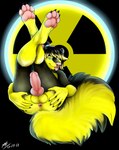 anthro anus balls black_body black_fur butt claws fluffy fluffy_tail fur genitals hazard_symbol knot legs_up lying male nude on_back penis penis_backwards penis_tuck presenting presenting_anus radiation_symbol slim solo spread_anus spread_butt spreading symbol tail teasing teasing_viewer thick_tail yellow_body yellow_fur moodyferret spritz_erosphillyra canid canine canis domestic_dog husky hybrid mammal mephitid nordic_sled_dog skunk spitz