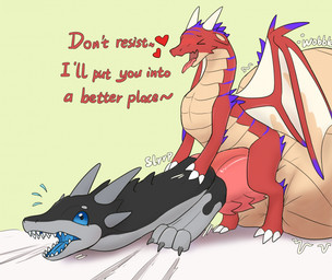 balls big_balls cock_vore disregard_of_life duo female feral genitals huge_balls hyper hyper_balls hyper_genitalia male male/female non-mammal_balls penile penis tan_balls text vore accadurosoce mythology selicia_(chomanderjake) dragon mythological_creature mythological_scalie scalie english_text hi_res