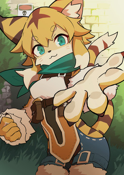 5_fingers anthro belt belt_buckle black_nose blonde_eyebrows blonde_hair bottomwear breasts brick brick_wall brown_hair buckle cat_smile circle_eyebrows claws clothing denim denim_bottomwear denim_clothing eyebrows female female_anthro finger_claws fingers fur grass green_eyes green_scarf hair inner_ear_fluff kemono markings multicolored_hair open_hand pawpads plant pouch_(clothing) reaching_towards_viewer scarf small_breasts smile smiling_at_viewer solo striped_body striped_fur striped_markings striped_tail stripes tail tail_markings three-quarter_view topwear tuft wall_(structure) warning_sign whiskers white_clothing white_hair white_inner_ear_fluff white_topwear wrist_warmers aogoto cygames world_flipper mia_(world_flipper) felid mammal pantherine tiger 2025 absurd_res hi_res portrait three-quarter_portrait