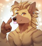 5_fingers anthro brown_body brown_fur devil_horns_(gesture) ear_piercing ear_ring fingers fur gesture hair hand_gesture male orange_eyes piercing ring_piercing simple_background smile solo noviraine hyena mammal striped_hyena 2023