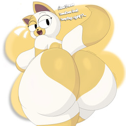 anthro big_breasts big_butt black_eyes black_nose breasts butt dialogue dipstick_tail eyelashes female fur half-closed_eyes huge_butt looking_at_viewer looking_back looking_back_at_viewer markings multicolored_body multicolored_fur multicolored_tail narrowed_eyes open_mouth simple_background solo tail tail_markings talking_to_viewer text thick_thighs white_background white_body white_fur white_tail wide_hips yellow_background yellow_body yellow_ears yellow_fur yellow_tail blista_kanjo adventure_time cartoon_network cake_the_cat domestic_cat felid feline felis mammal 1:1 2025 digital_drawing_(artwork) digital_media_(artwork) english_text hi_res