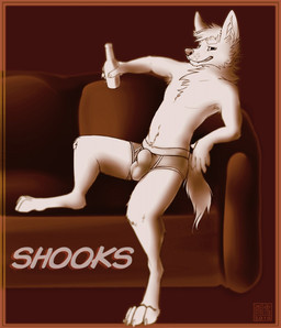 4_toes 5_fingers anthro bottle bottomwear bulge cheek_tuft chest_tuft claws clothing container detailed_bulge digitigrade facial_tuft fangs feet finger_claws fingers furniture genital_outline grin hair holding_bottle holding_container holding_object inner_ear_fluff leaning leaning_backward looking_at_viewer male narrowed_eyes neck_tuft on_sofa sheath_outline short_hair sitting smile sofa solo teeth toes tuft yookie canid canine mammal maned_wolf 2016 brown_and_white dated hi_res monochrome signature