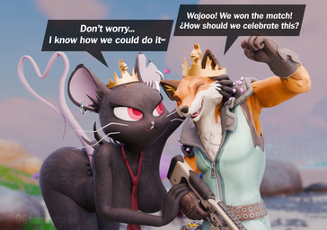 anthro big_breasts big_butt breasts butt celebration crown dialogue duo ear_piercing ear_ring female grabbing_head gun hand_holding happy headgear heart_symbol holding_object holding_weapon looking_at_another male male/female necktie nude nude_anthro nude_female outside piercing ranged_weapon rat_tail ring_piercing suggestive suggestive_dialogue tail text text_box thick_thighs weapon ogtamarindo epic_games fortnite camille_(fortnite) fennix_(fortnite) canid canine fox mammal murid murine rat red_fox rodent true_fox 3d_(artwork) absurd_res digital_media_(artwork) english_text hi_res